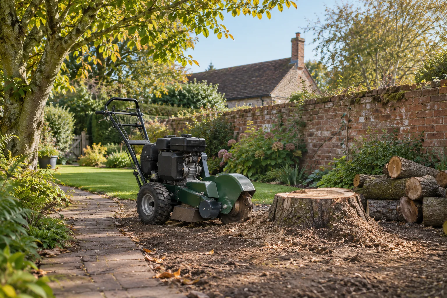 Stationary stump grinder beside a garden stump