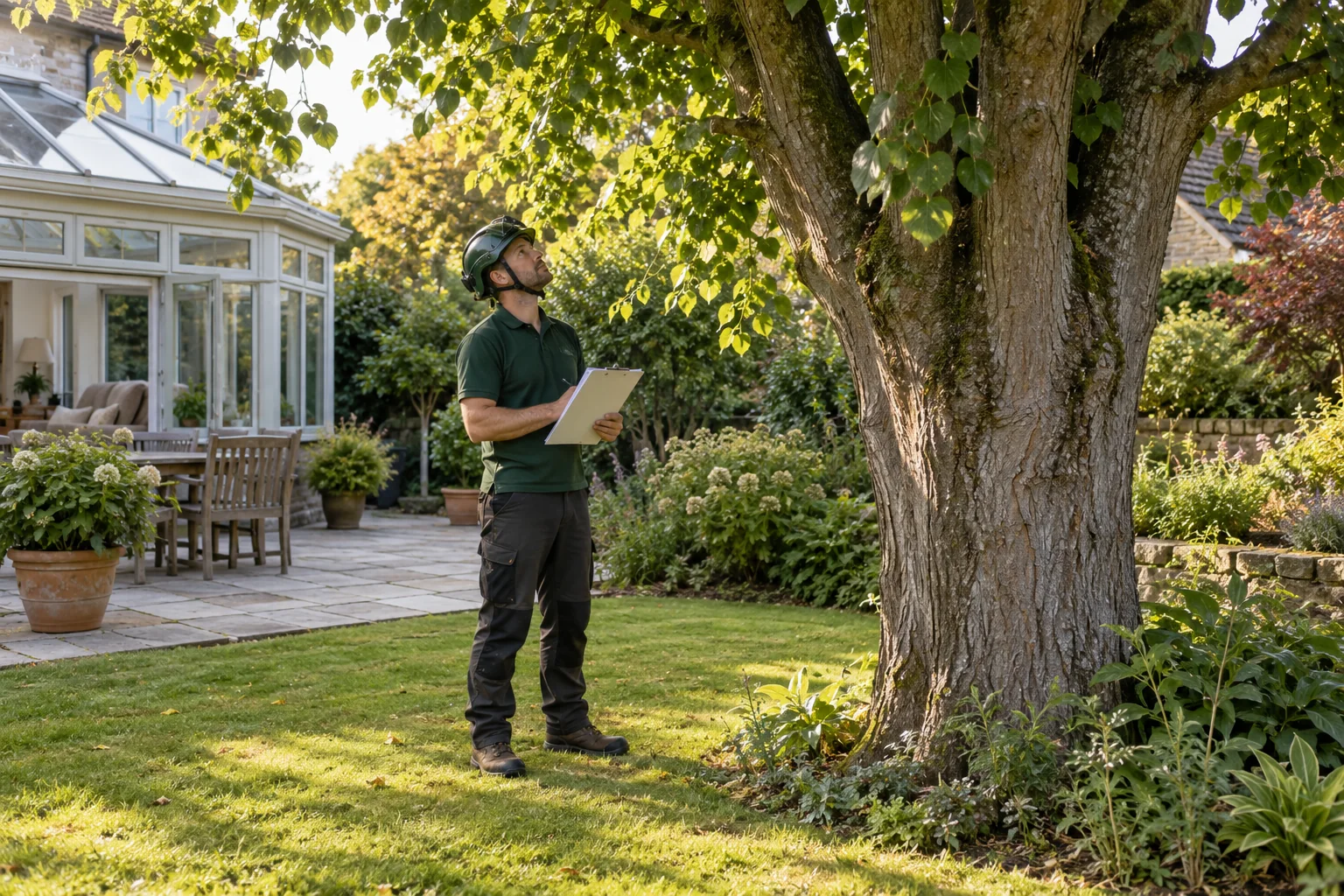 Arborist assessing a mature tree from ground level