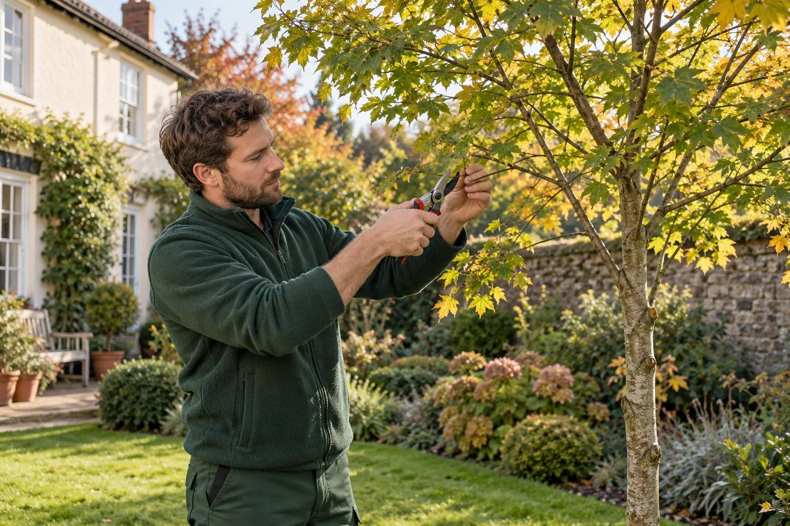 Careful pruning of a garden tree branch