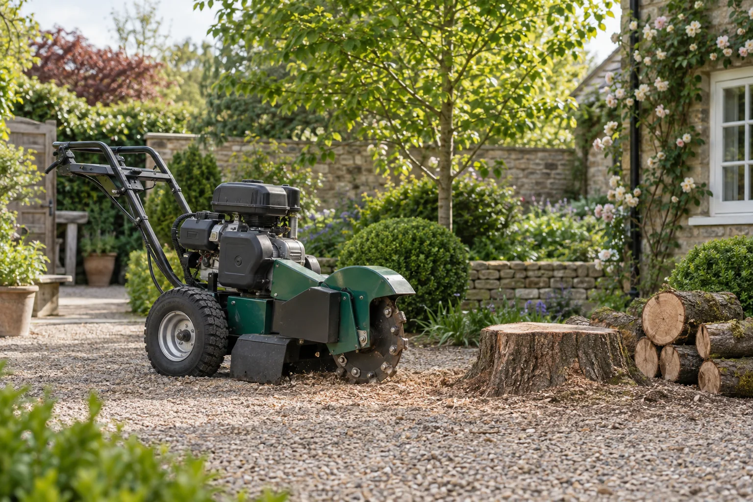 Stationary stump grinder beside a garden stump