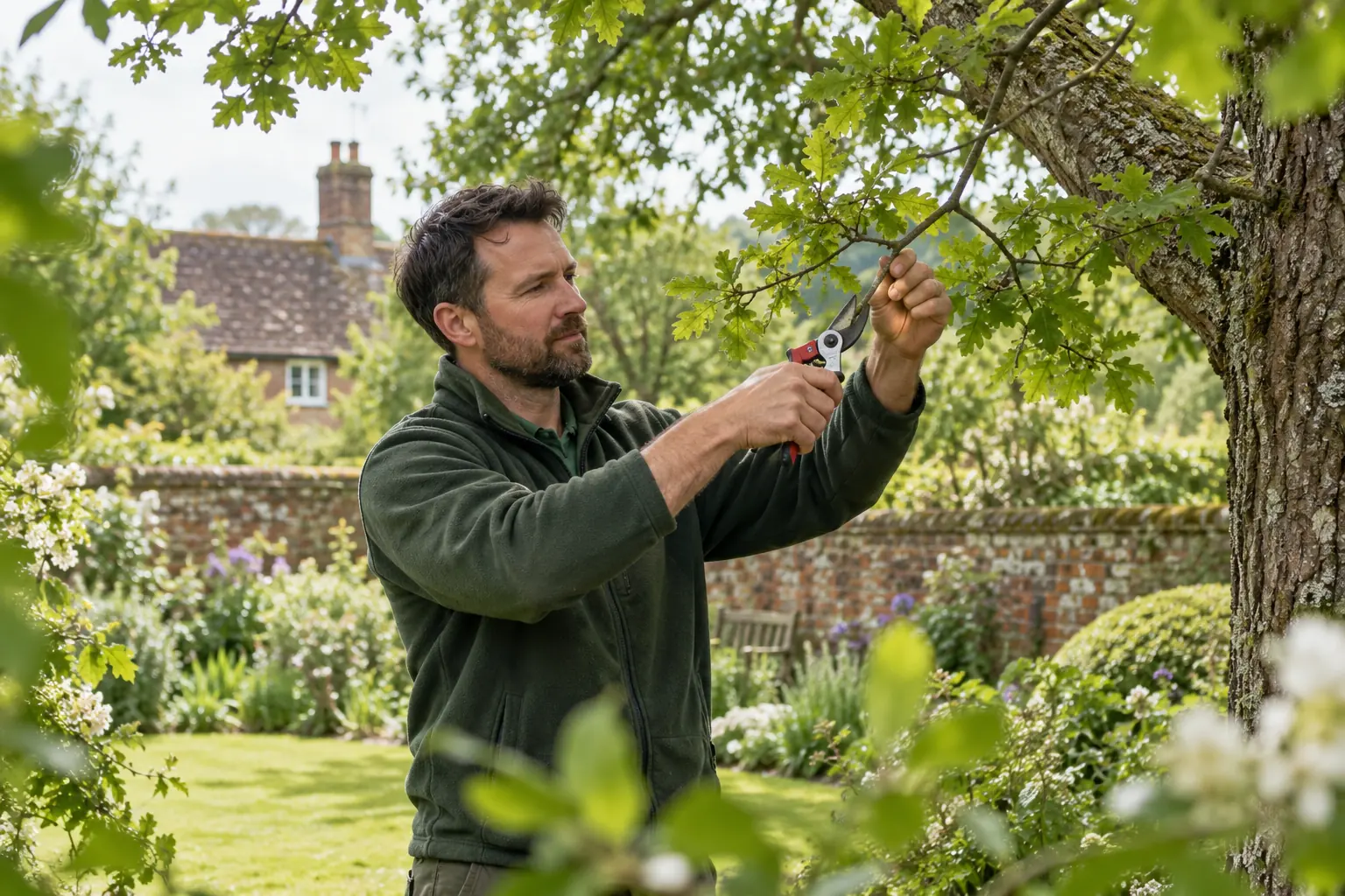 Careful pruning of a garden tree branch
