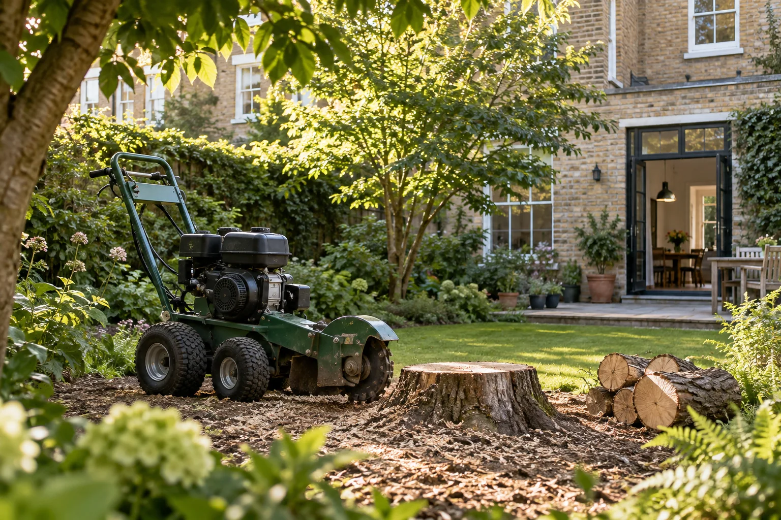 Stationary stump grinder beside a garden stump