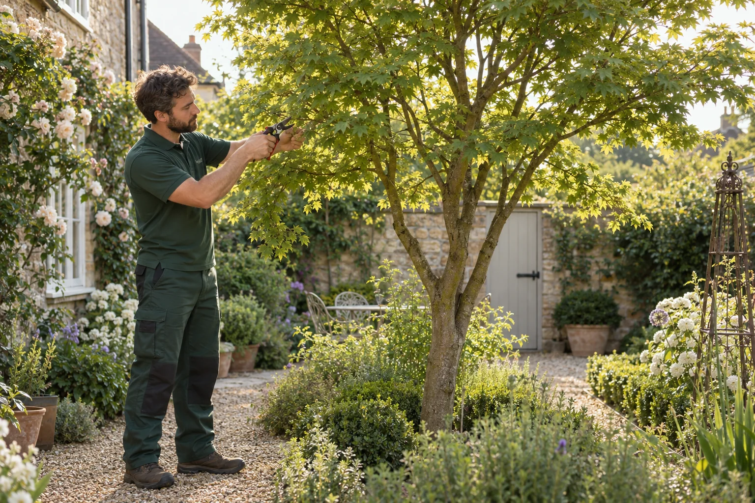 Careful pruning of a garden tree branch