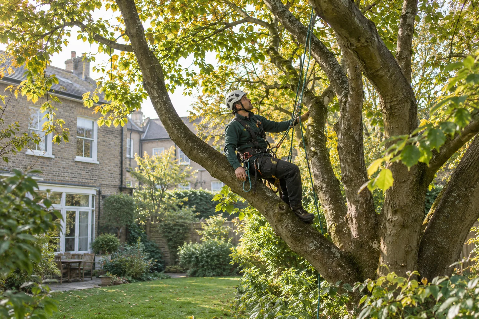 Roped arborist inspecting branching structure
