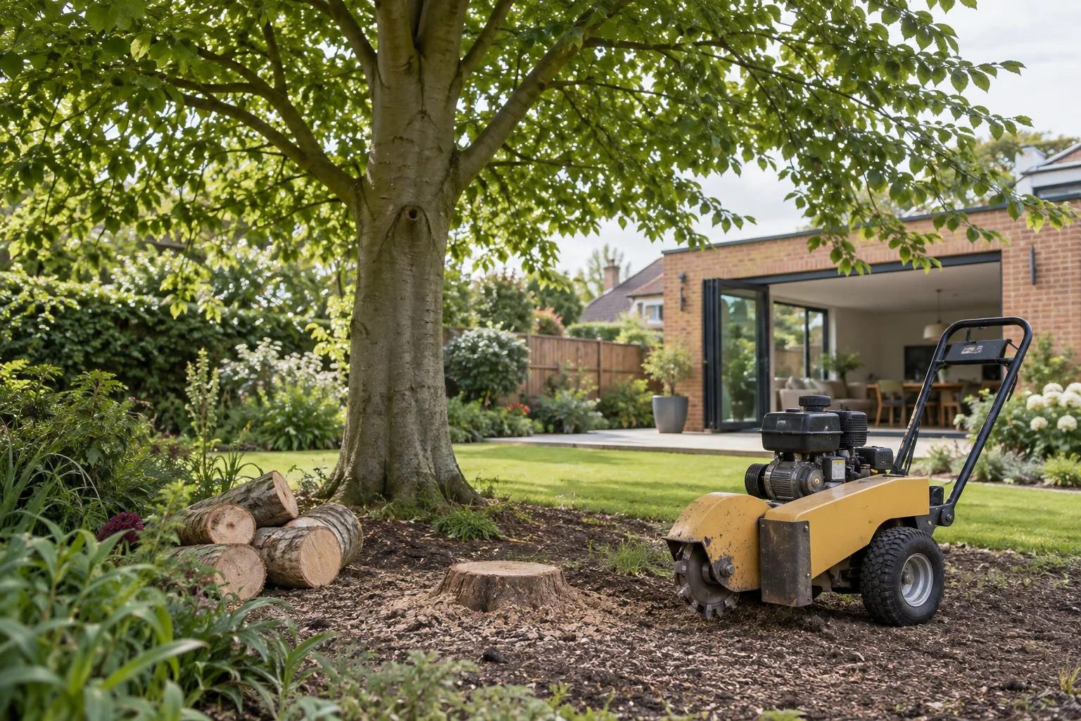 Stationary stump grinder beside a garden stump