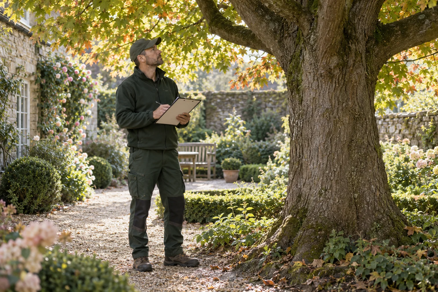 Arborist assessing a mature tree from ground level