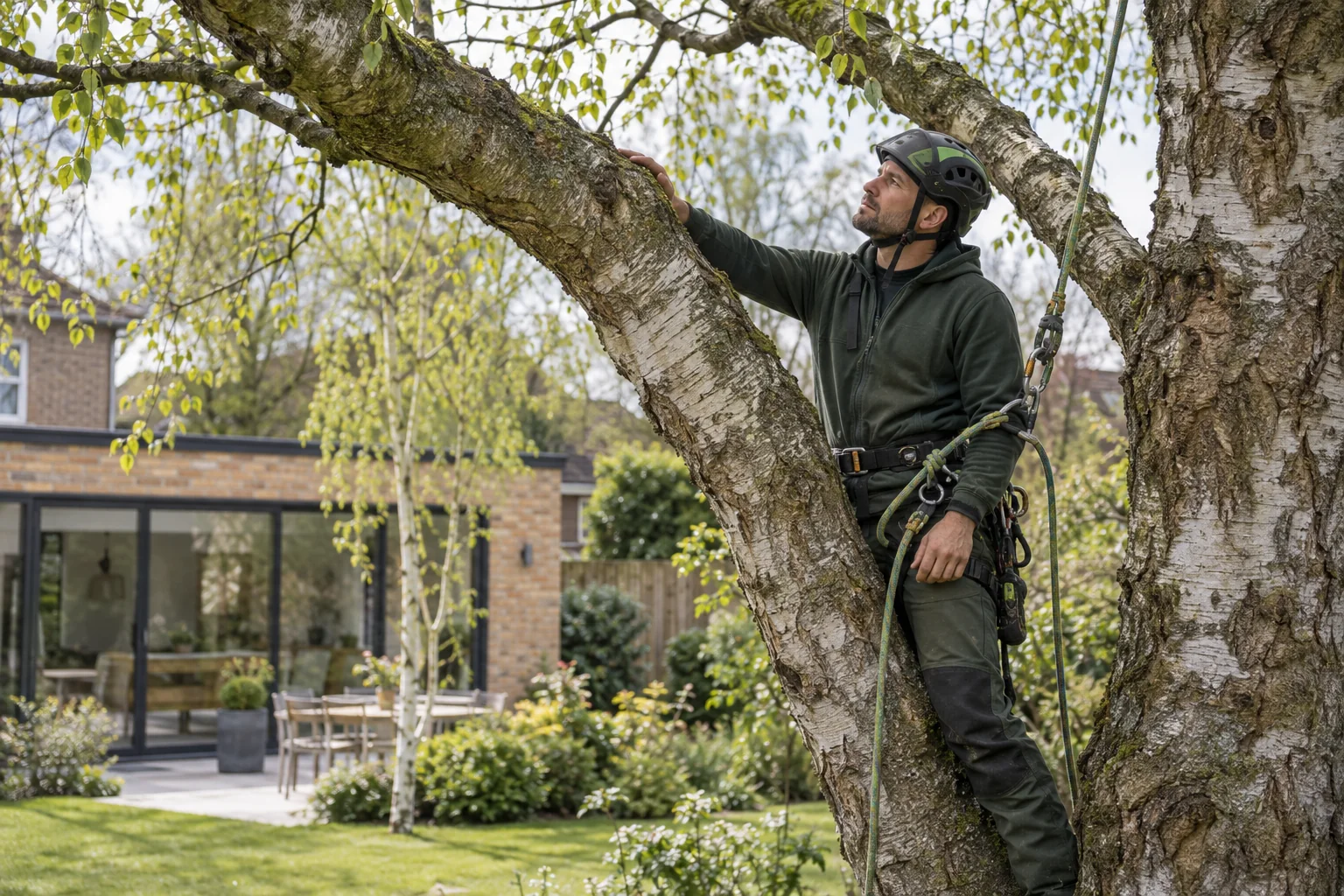 Roped arborist inspecting branching structure