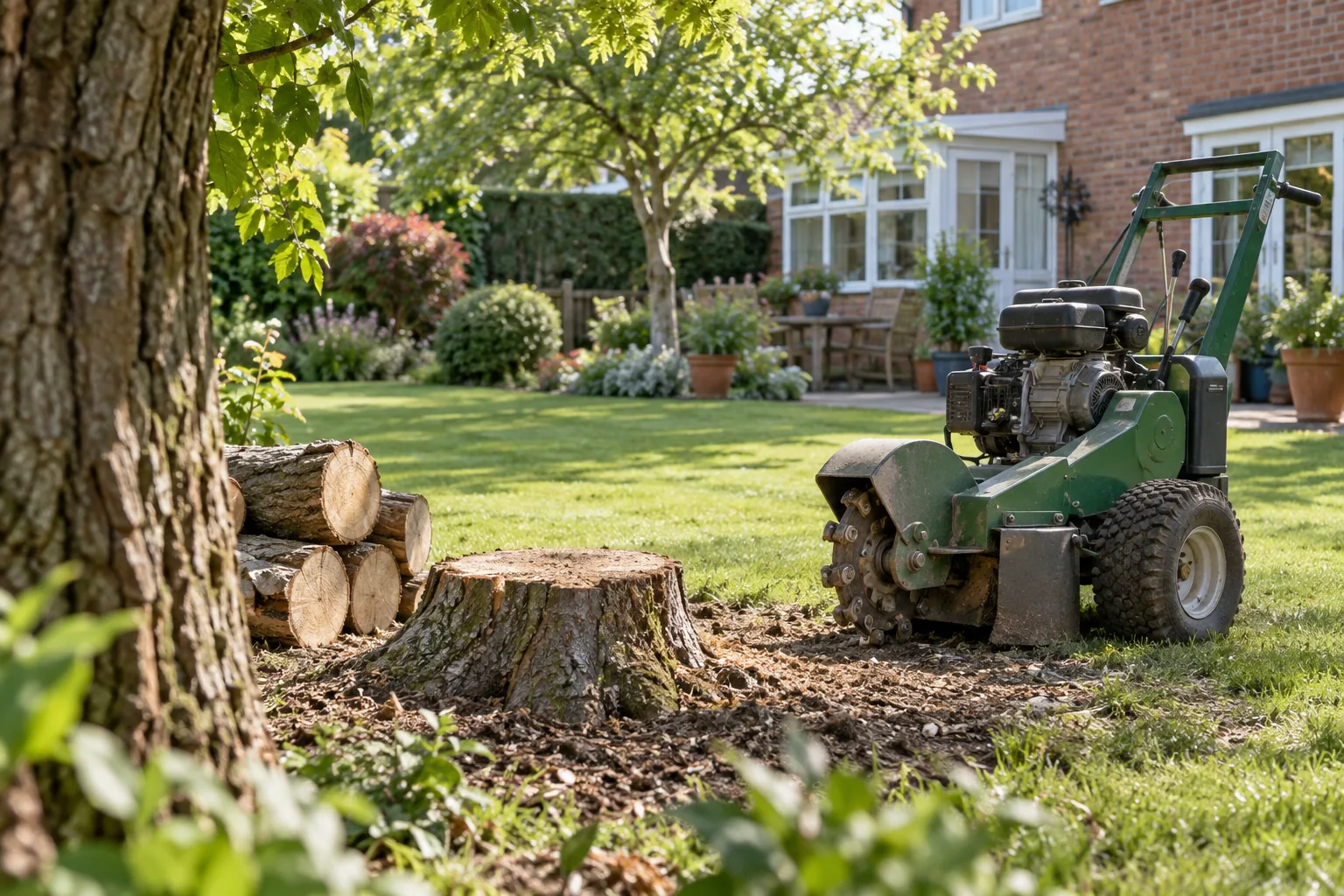 Stationary stump grinder beside a garden stump