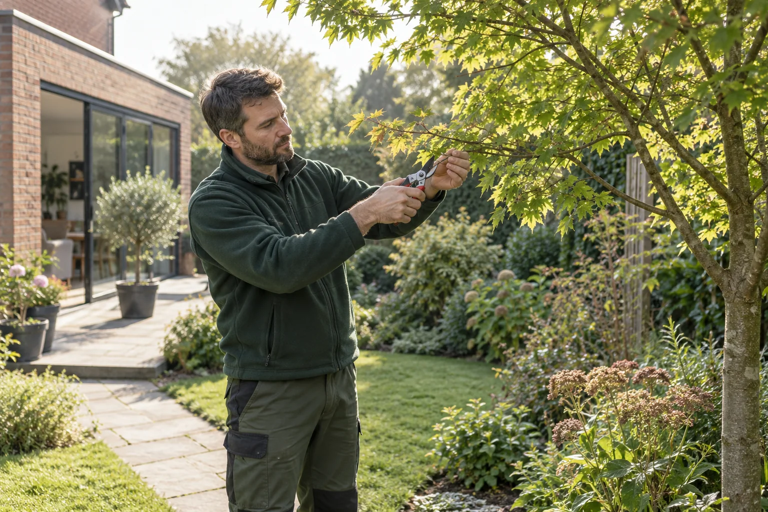 Careful pruning of a garden tree branch