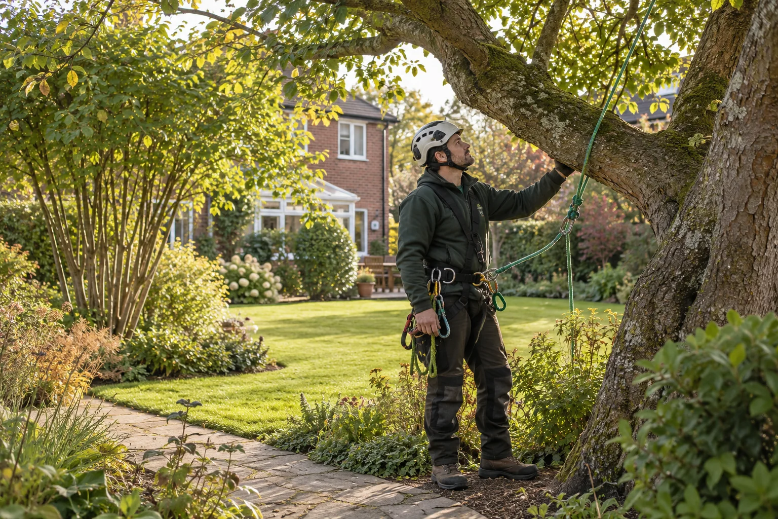 Roped arborist inspecting branching structure