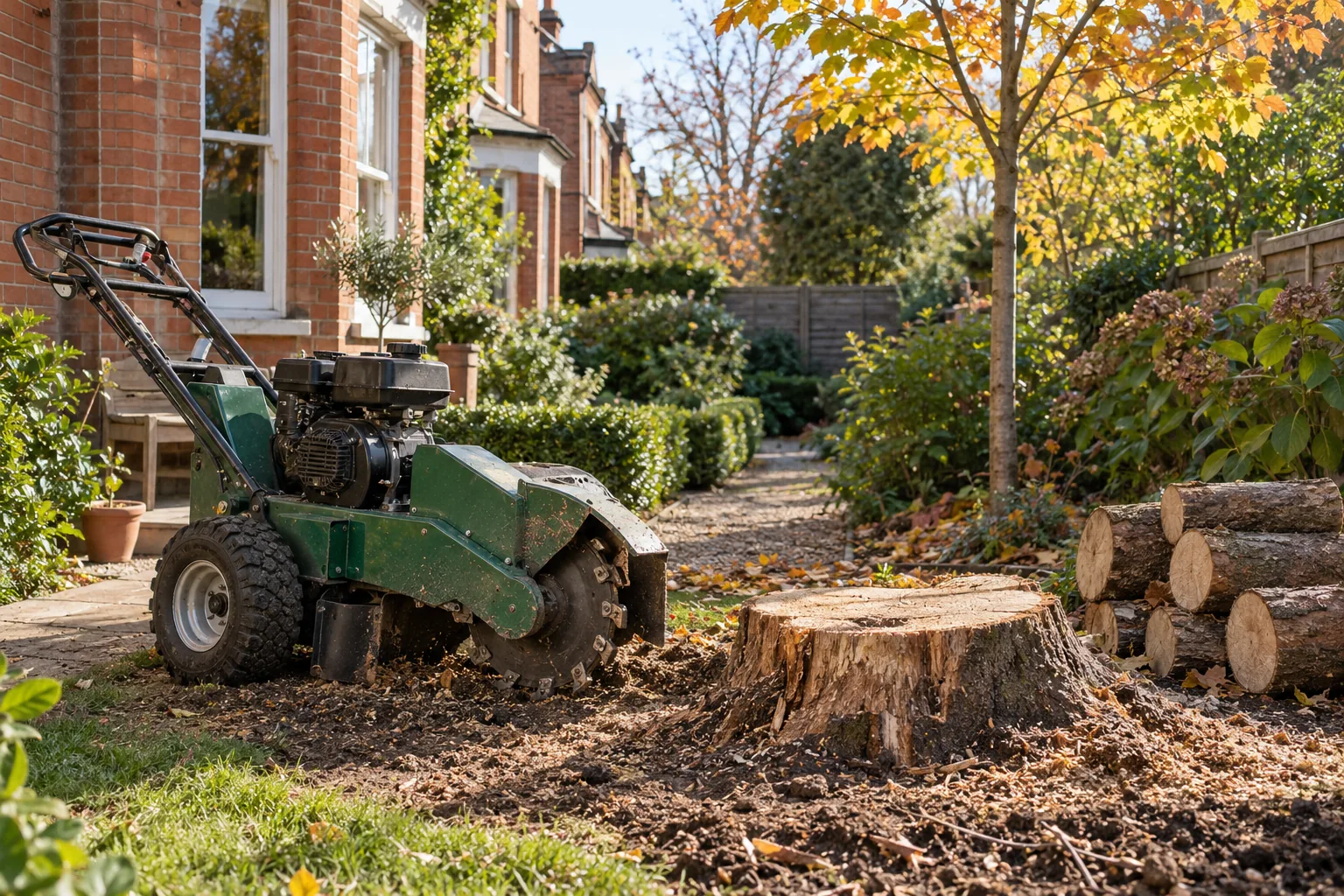 Stationary stump grinder beside a garden stump