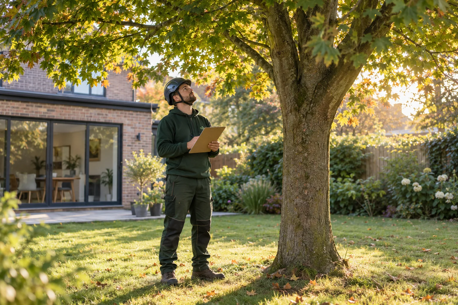 Arborist assessing a mature tree from ground level