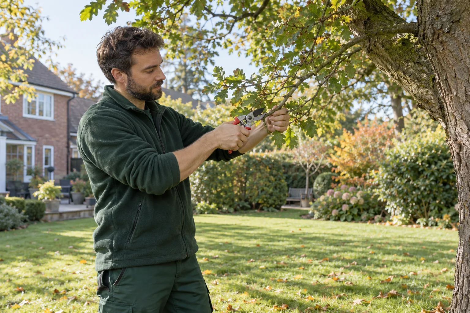 Careful pruning of a garden tree branch