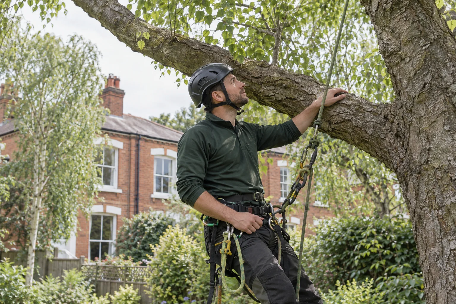 Roped arborist inspecting branching structure