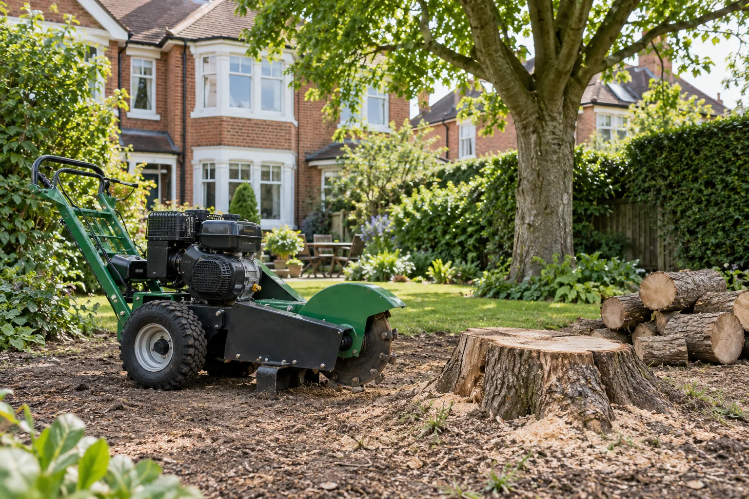 Stationary stump grinder beside a garden stump