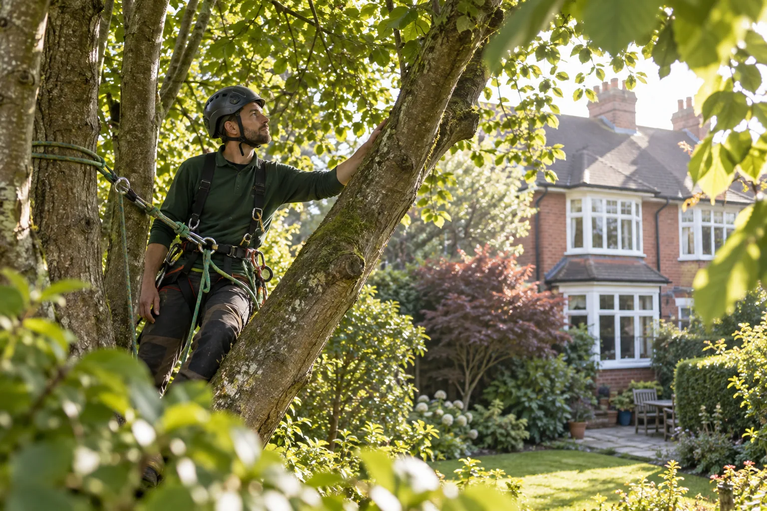 Roped arborist inspecting branching structure