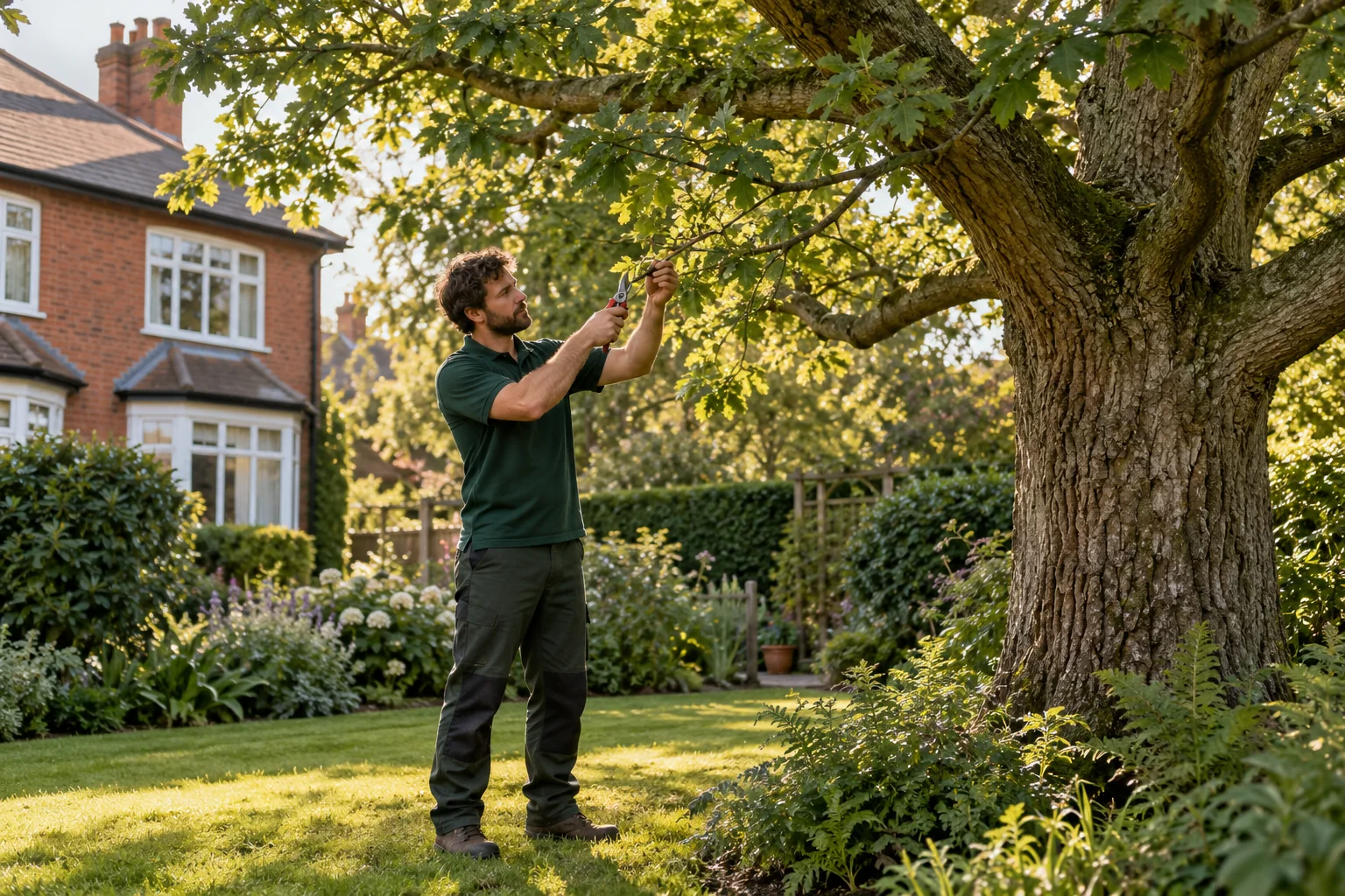 Careful pruning of a garden tree branch