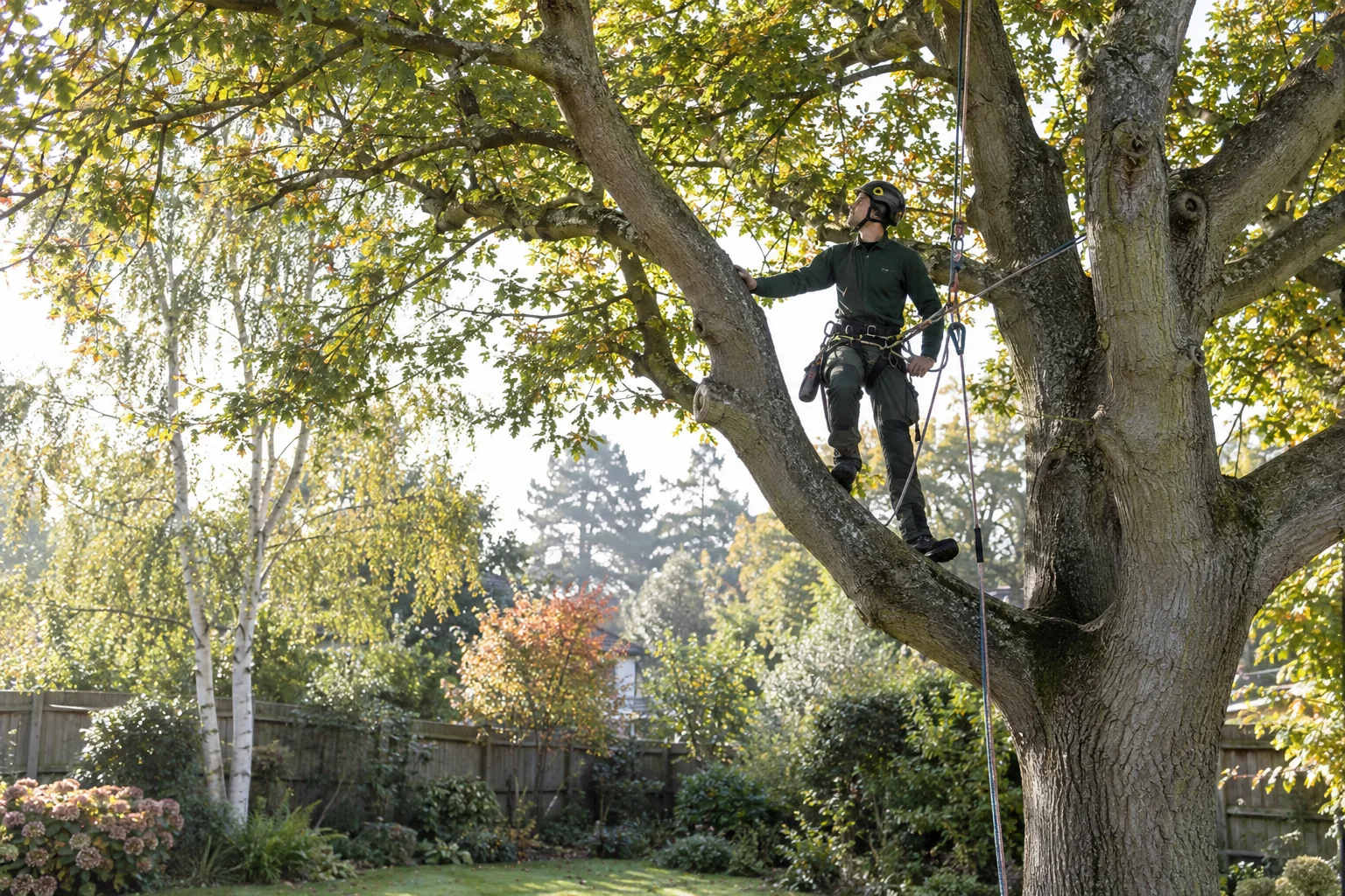 Roped arborist inspecting branching structure