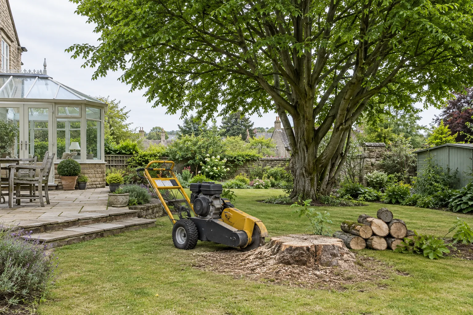 Stationary stump grinder beside a garden stump