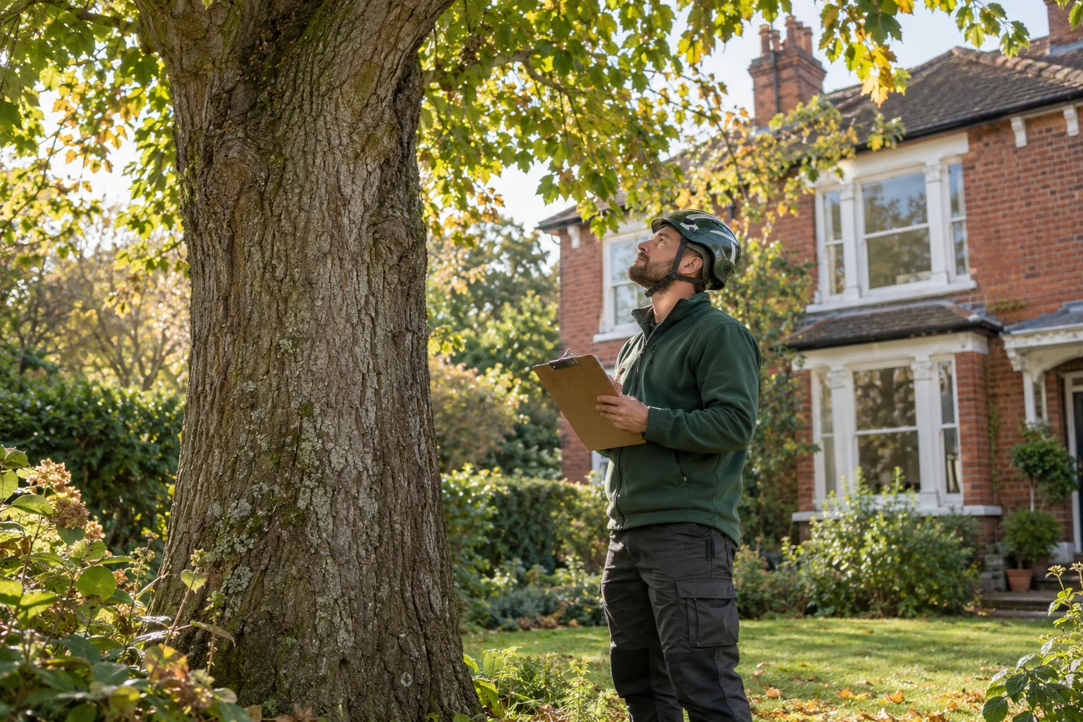 Arborist assessing a mature tree from ground level