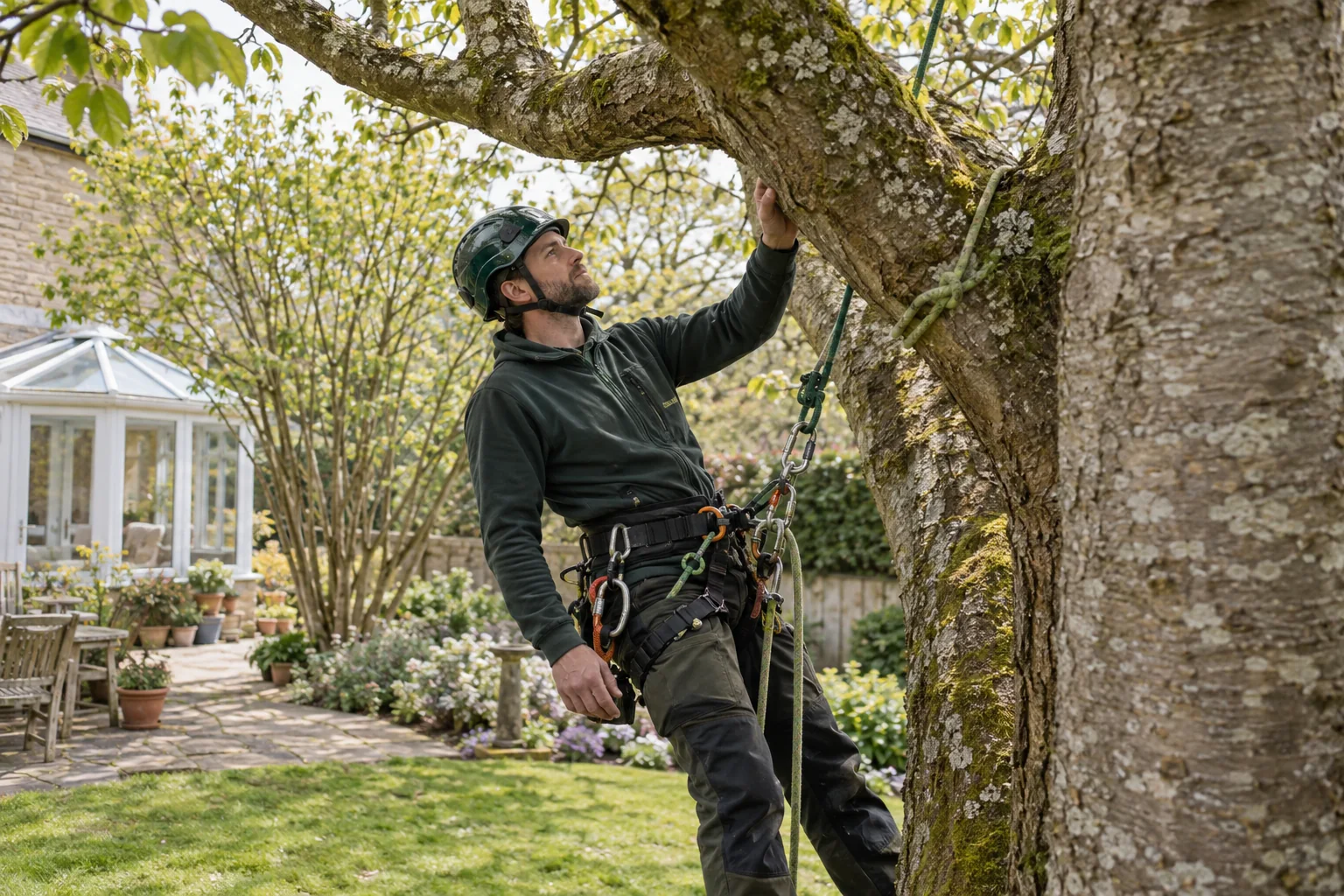 Roped arborist inspecting branching structure