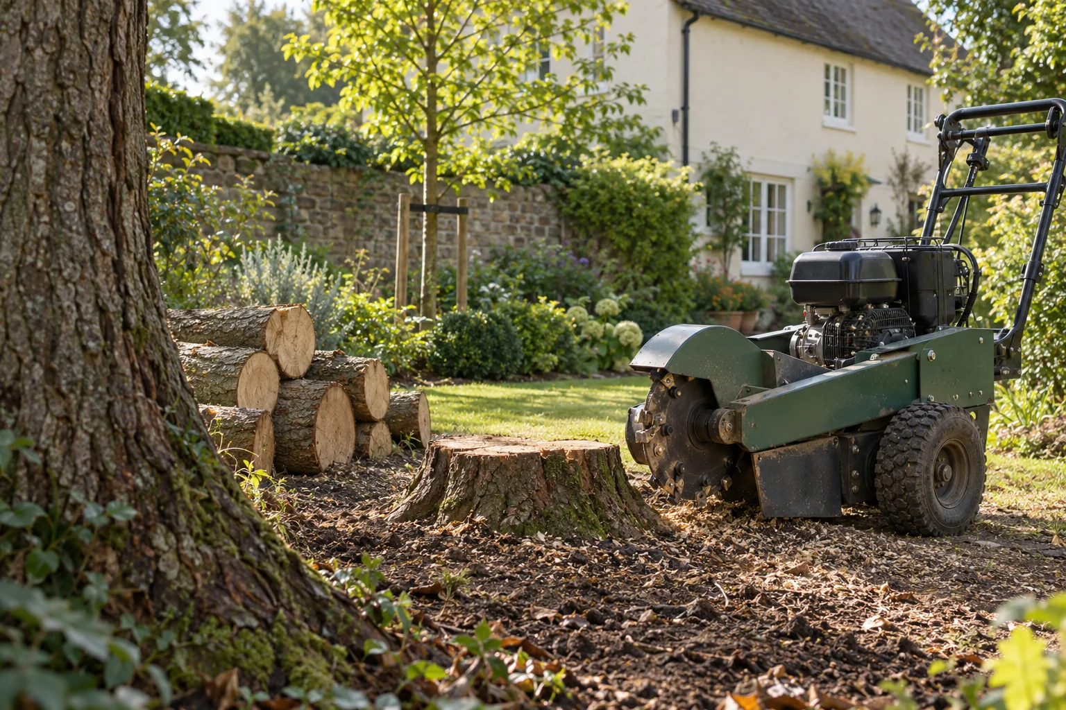 Stationary stump grinder beside a garden stump