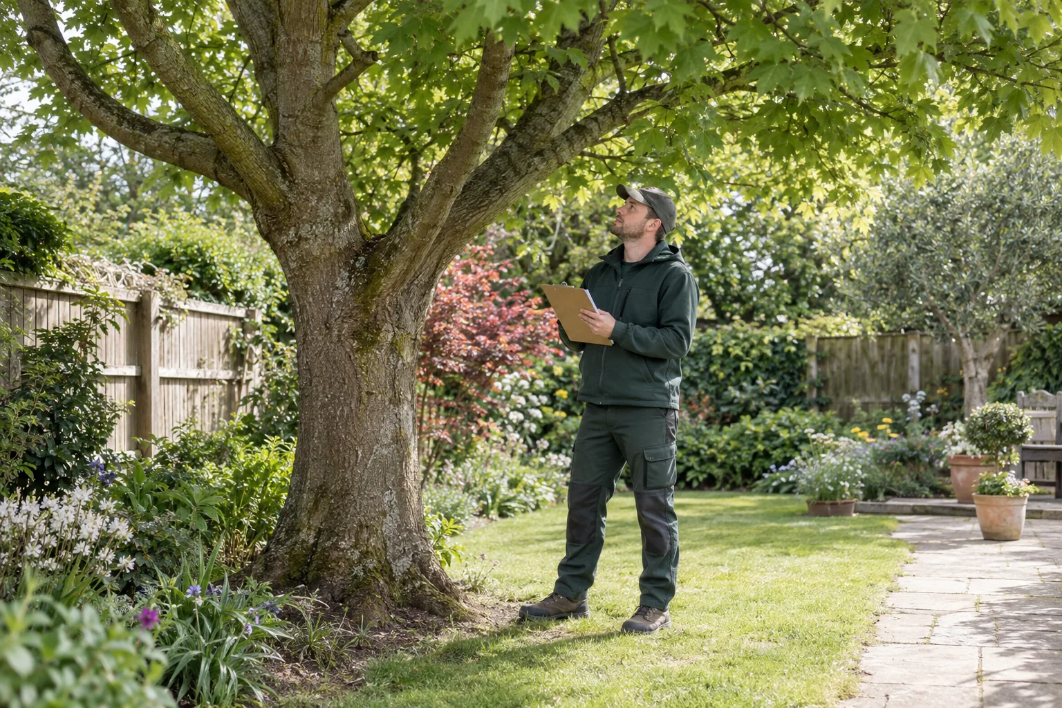 Arborist assessing a mature tree from ground level