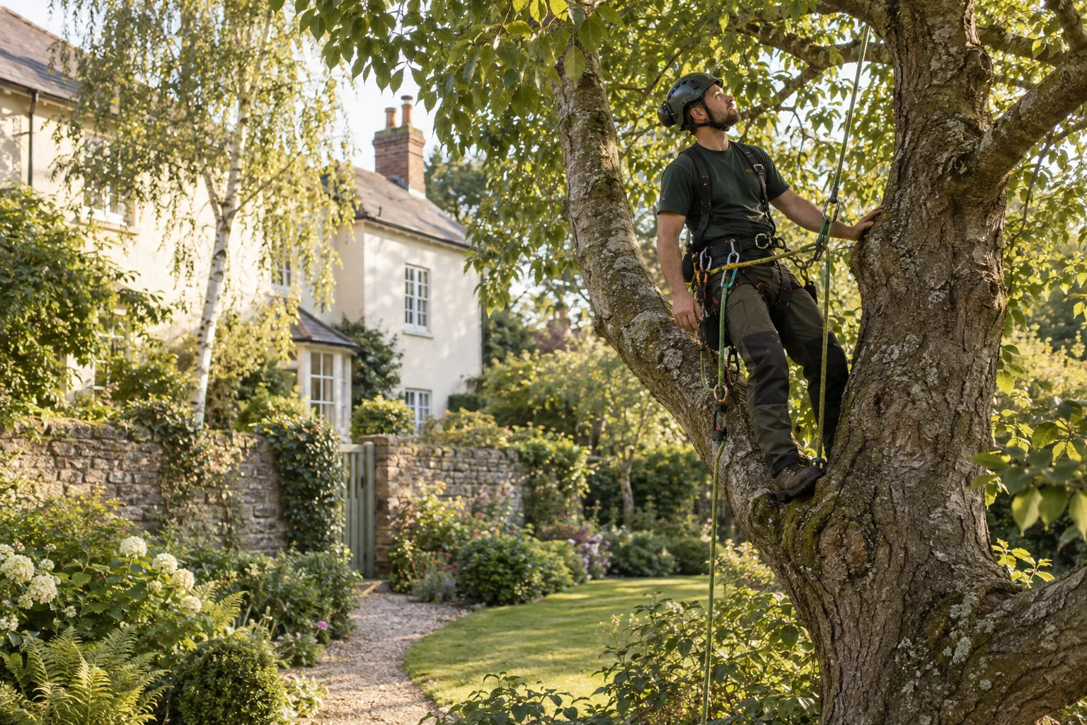Roped arborist inspecting branching structure