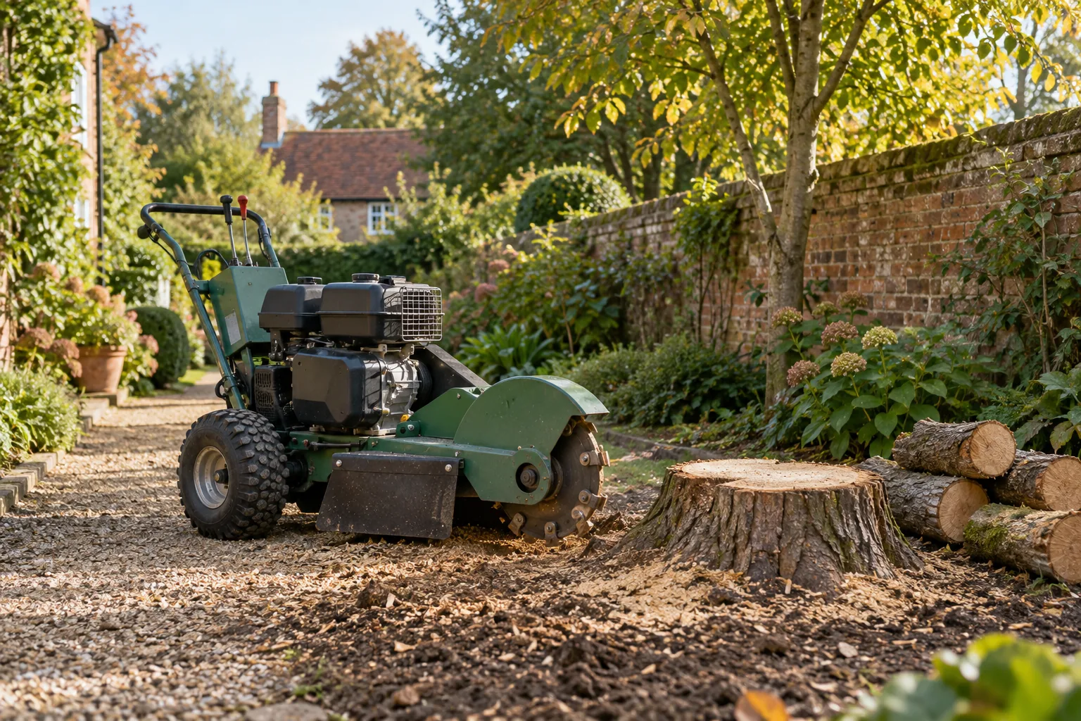 Stationary stump grinder beside a garden stump