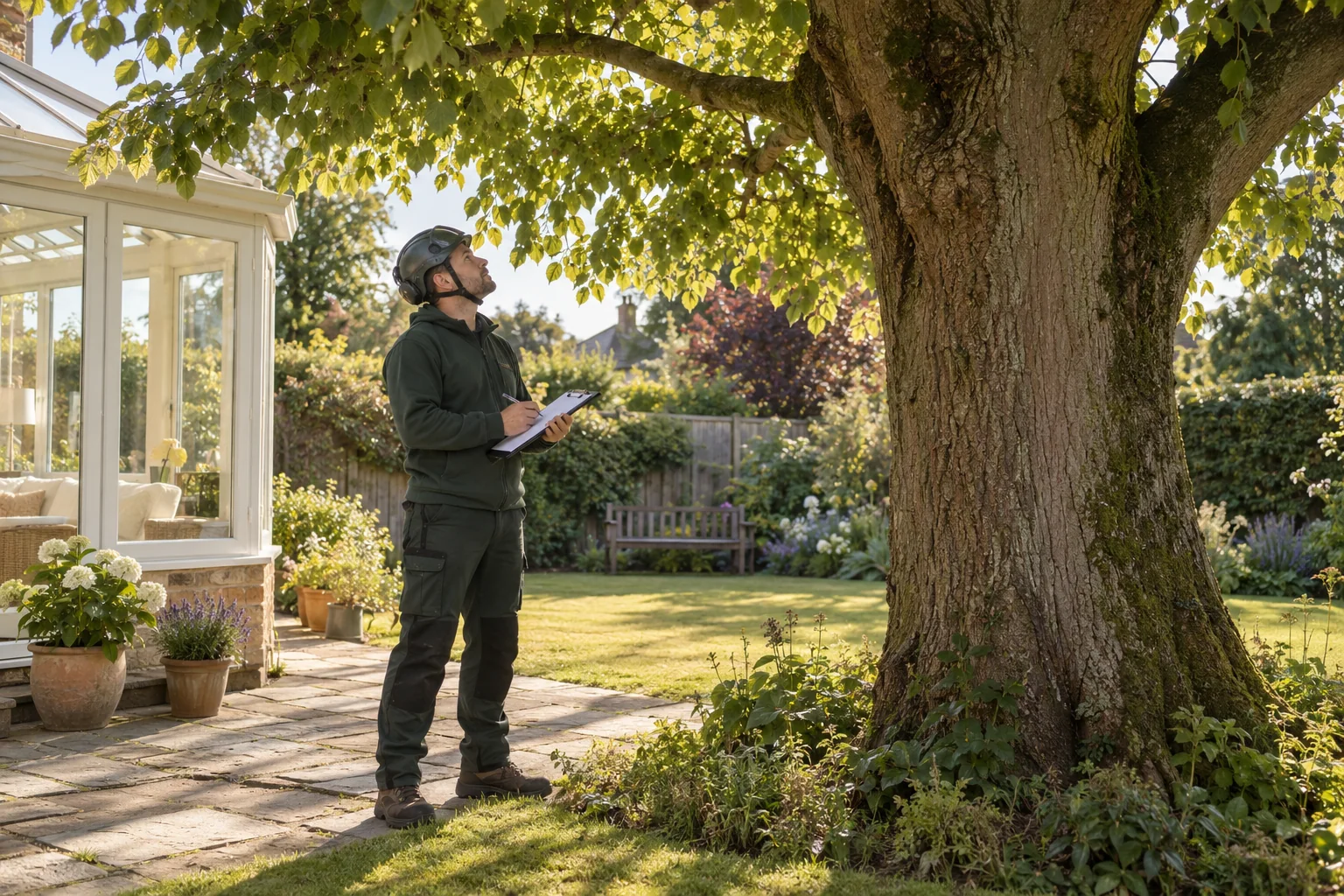 Arborist assessing a mature tree from ground level