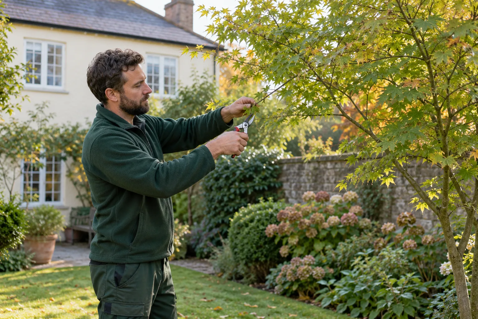 Careful pruning of a garden tree branch