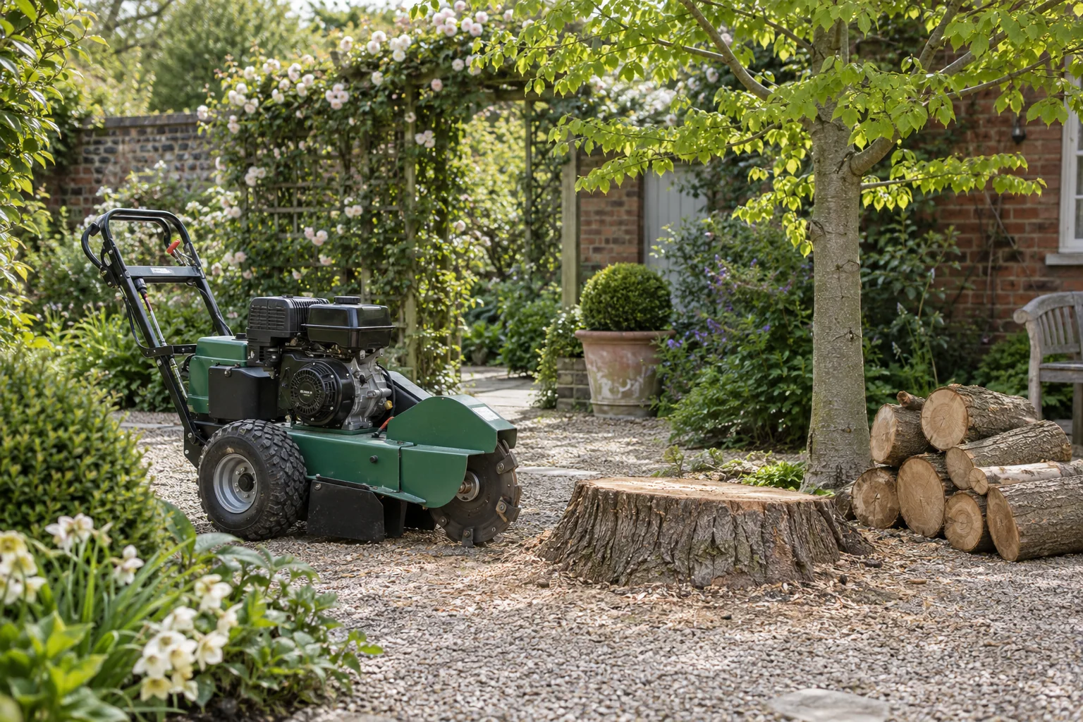 Stationary stump grinder beside a garden stump