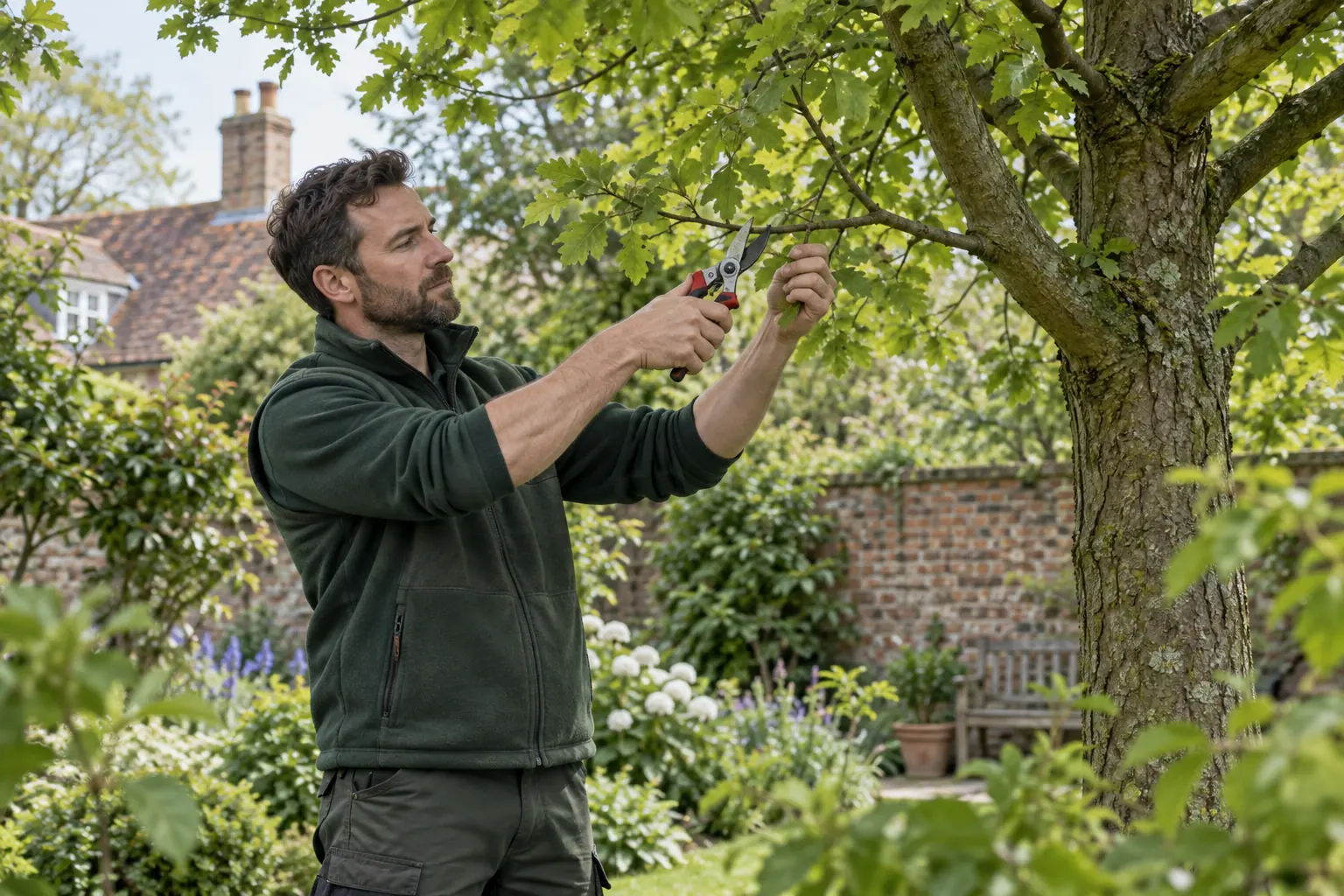 Careful pruning of a garden tree branch