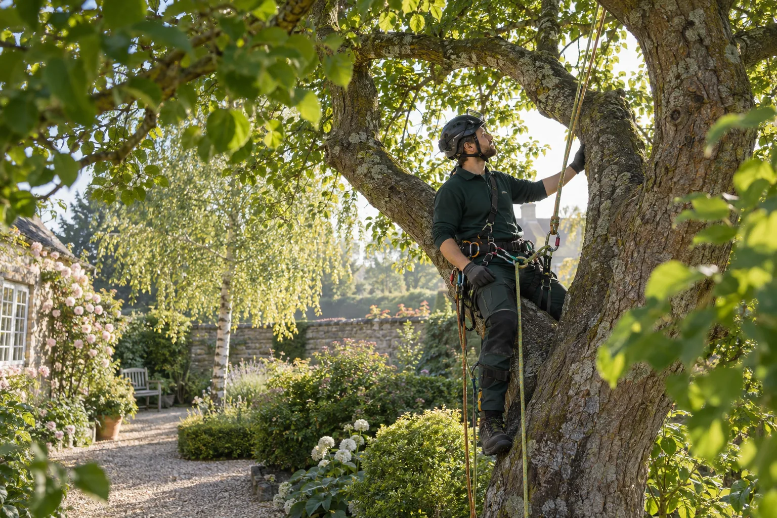 Roped arborist inspecting branching structure