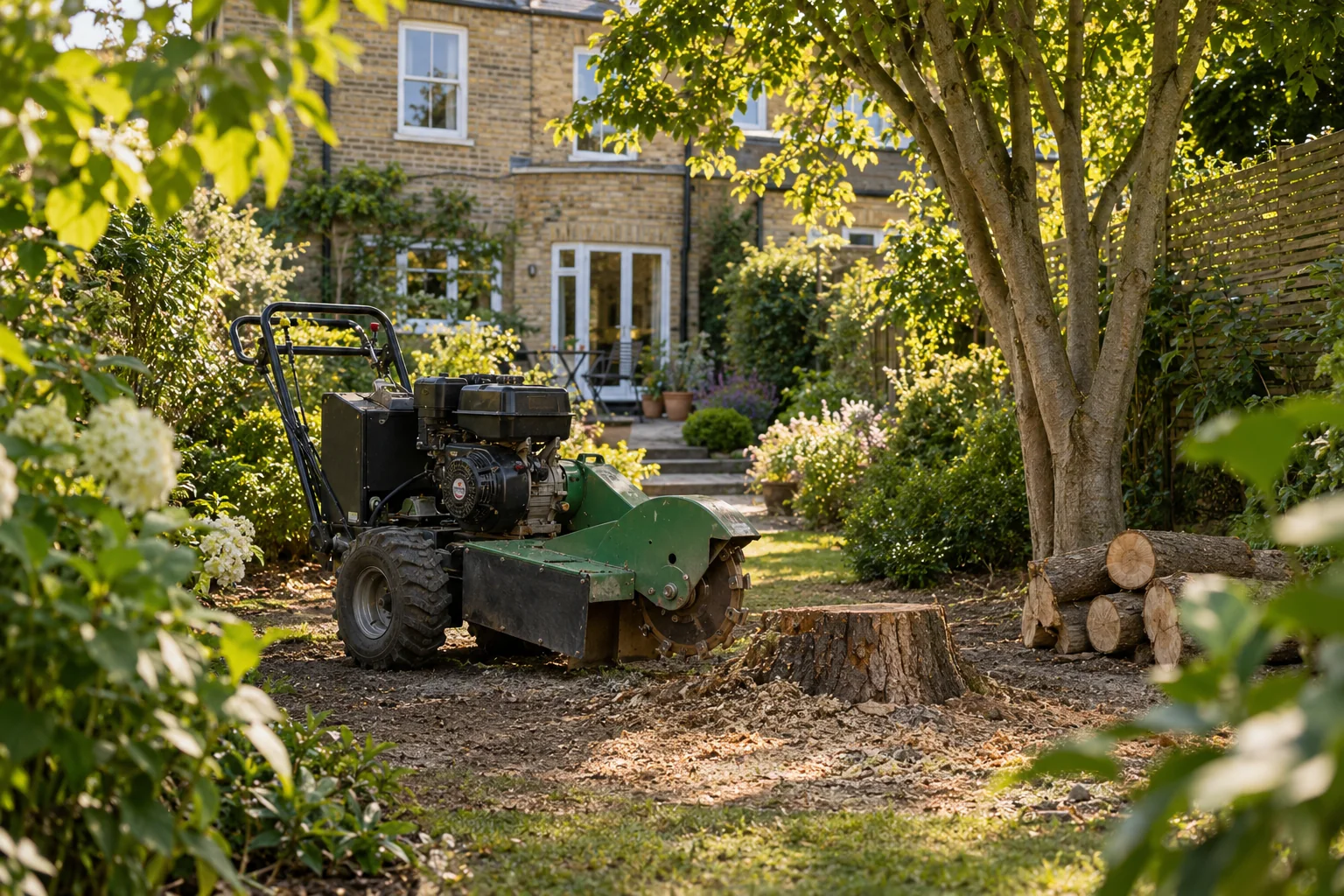 Stationary stump grinder beside a garden stump