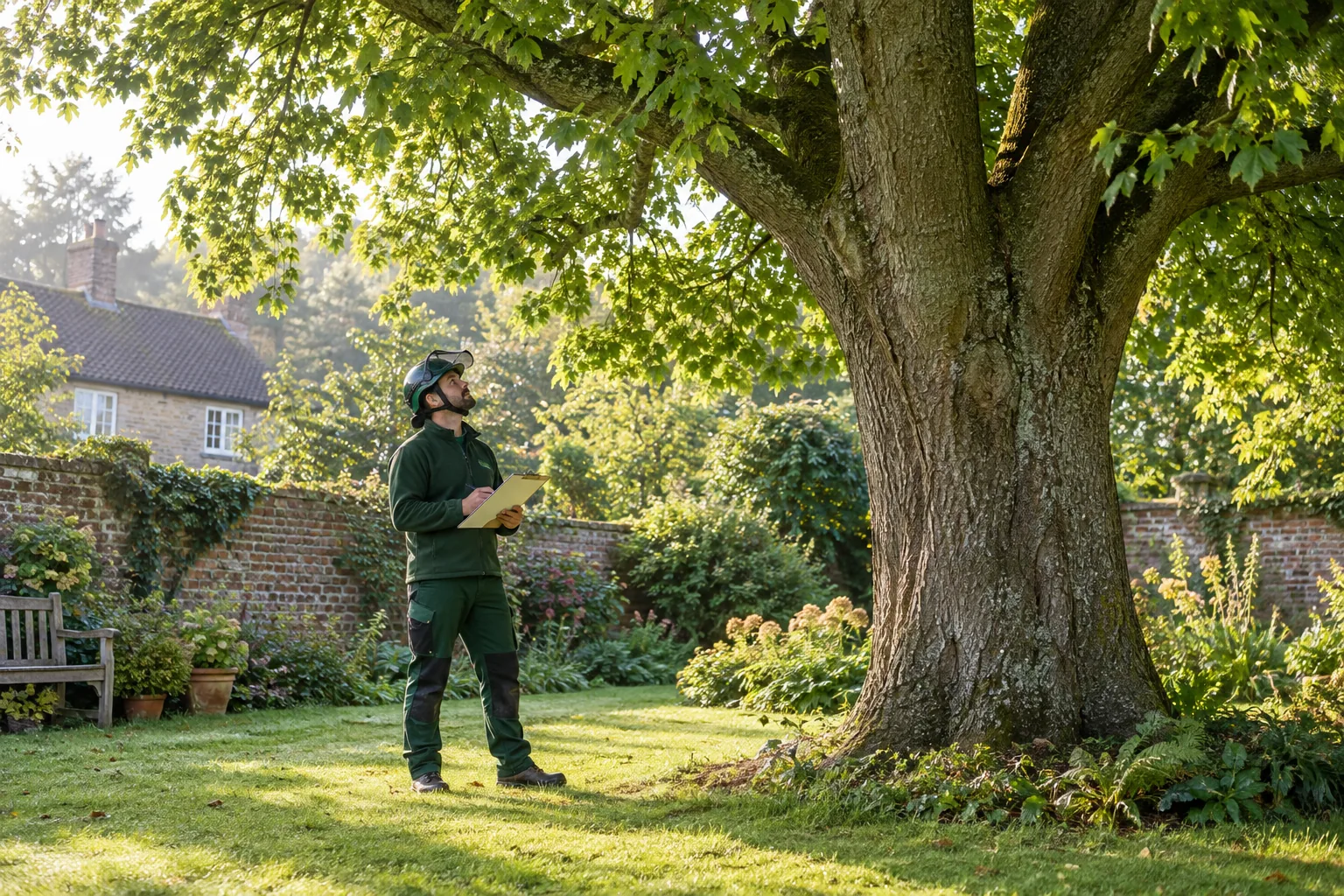 Arborist assessing a mature tree from ground level