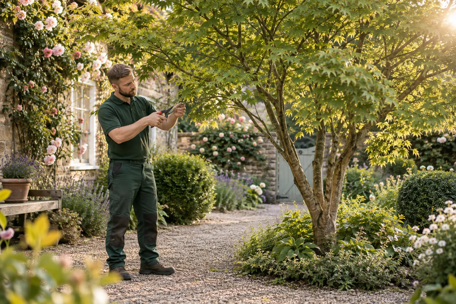 Careful pruning of a garden tree branch
