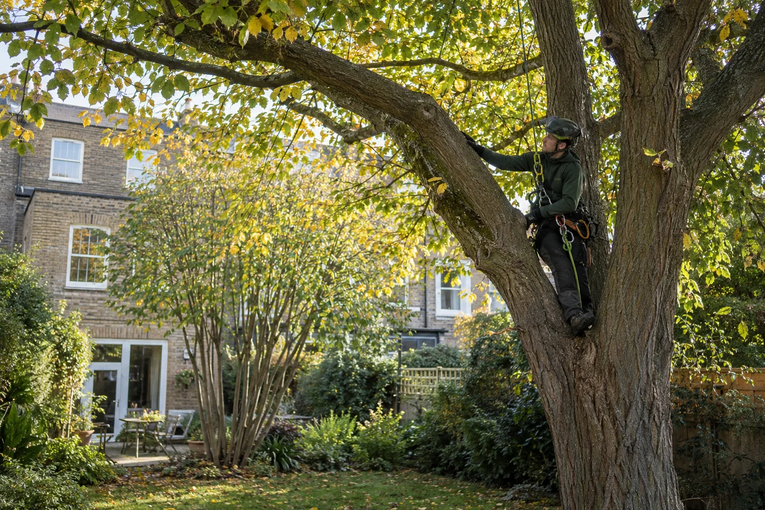Roped arborist inspecting branching structure
