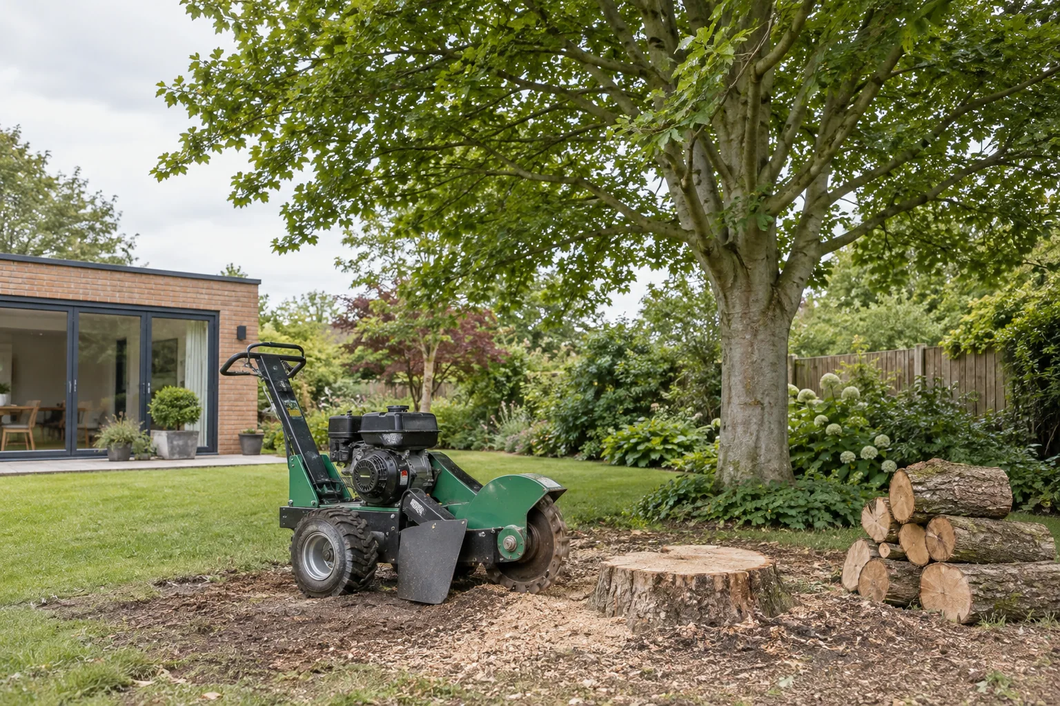 Stationary stump grinder beside a garden stump