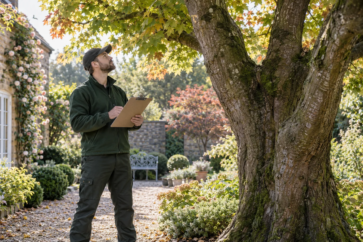 Arborist assessing a mature tree from ground level