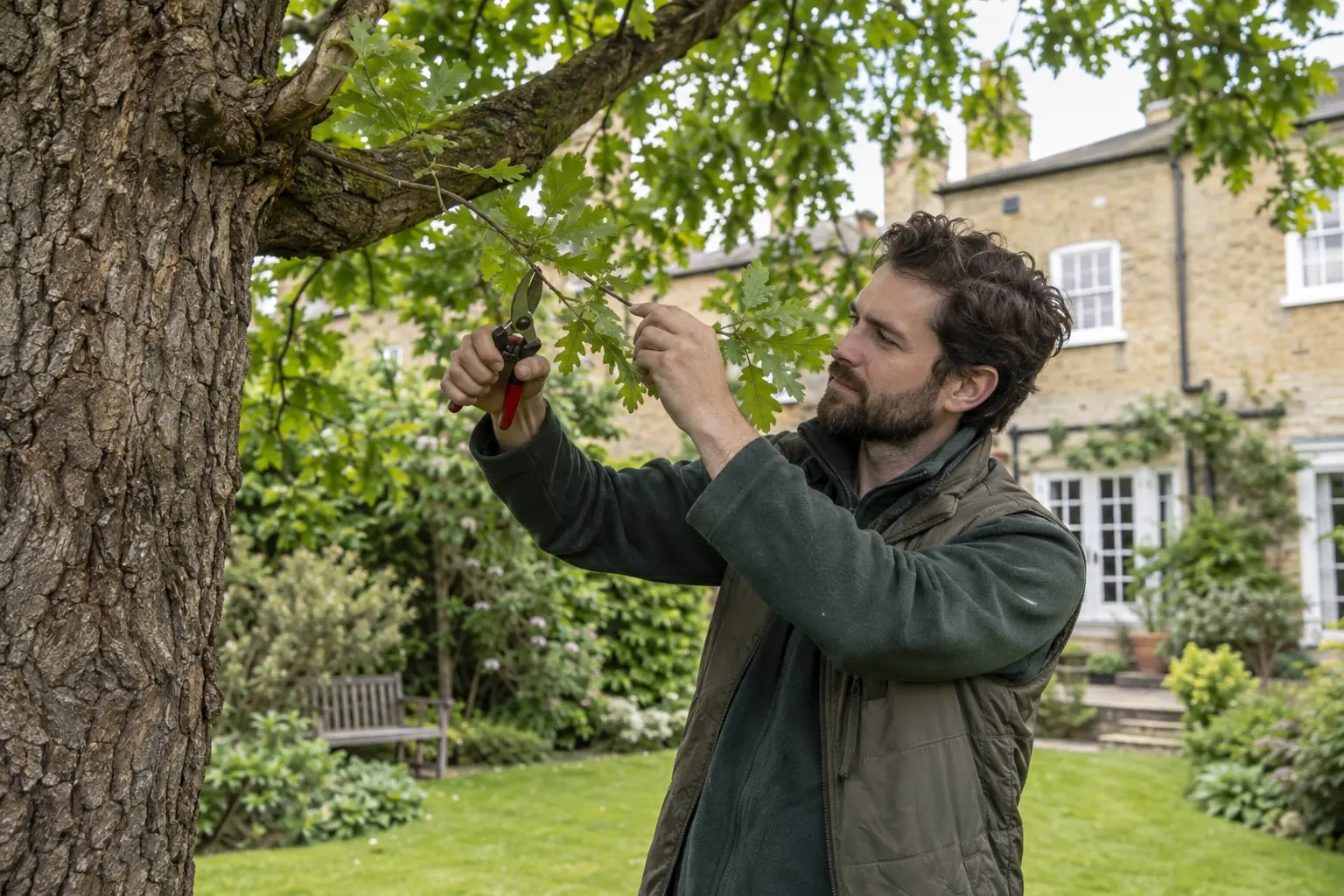 Careful pruning of a garden tree branch