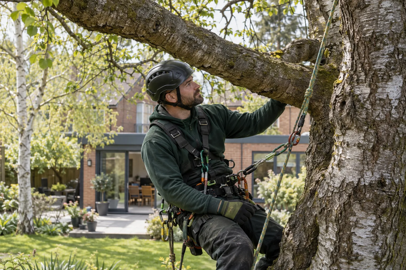 Roped arborist inspecting branching structure