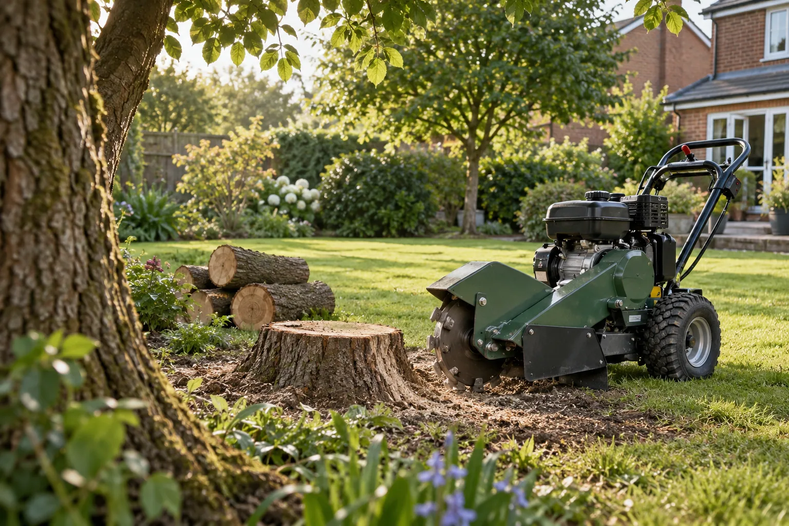 Stationary stump grinder beside a garden stump