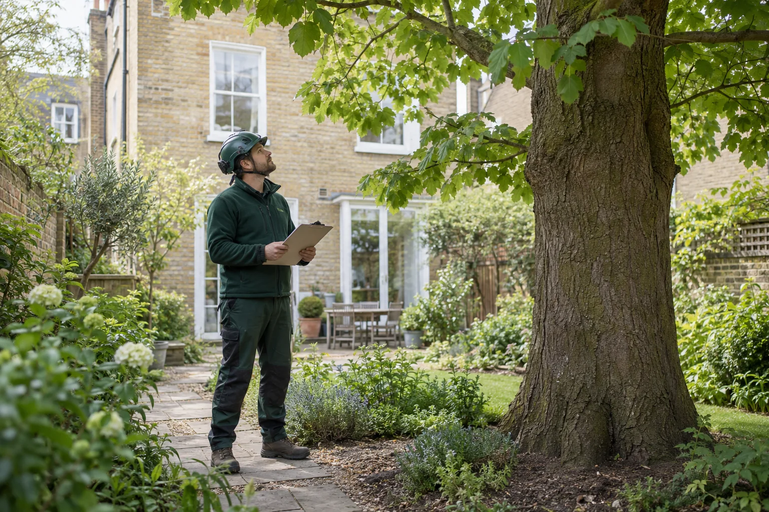 Arborist assessing a mature tree from ground level