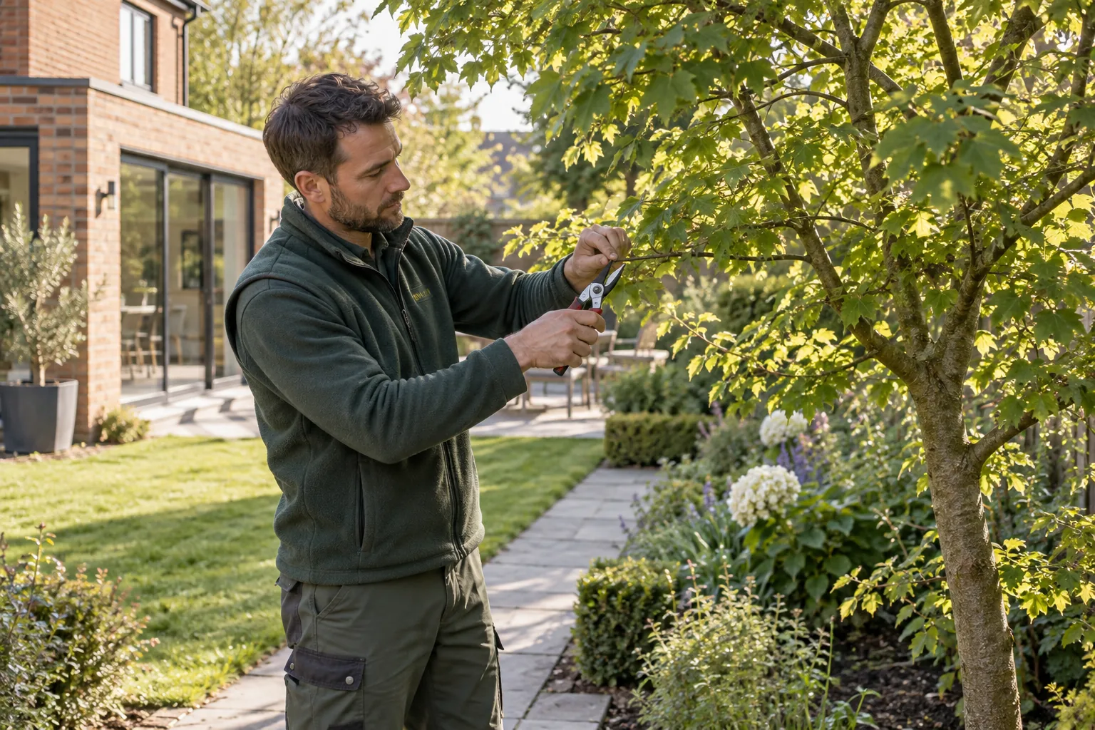 Careful pruning of a garden tree branch
