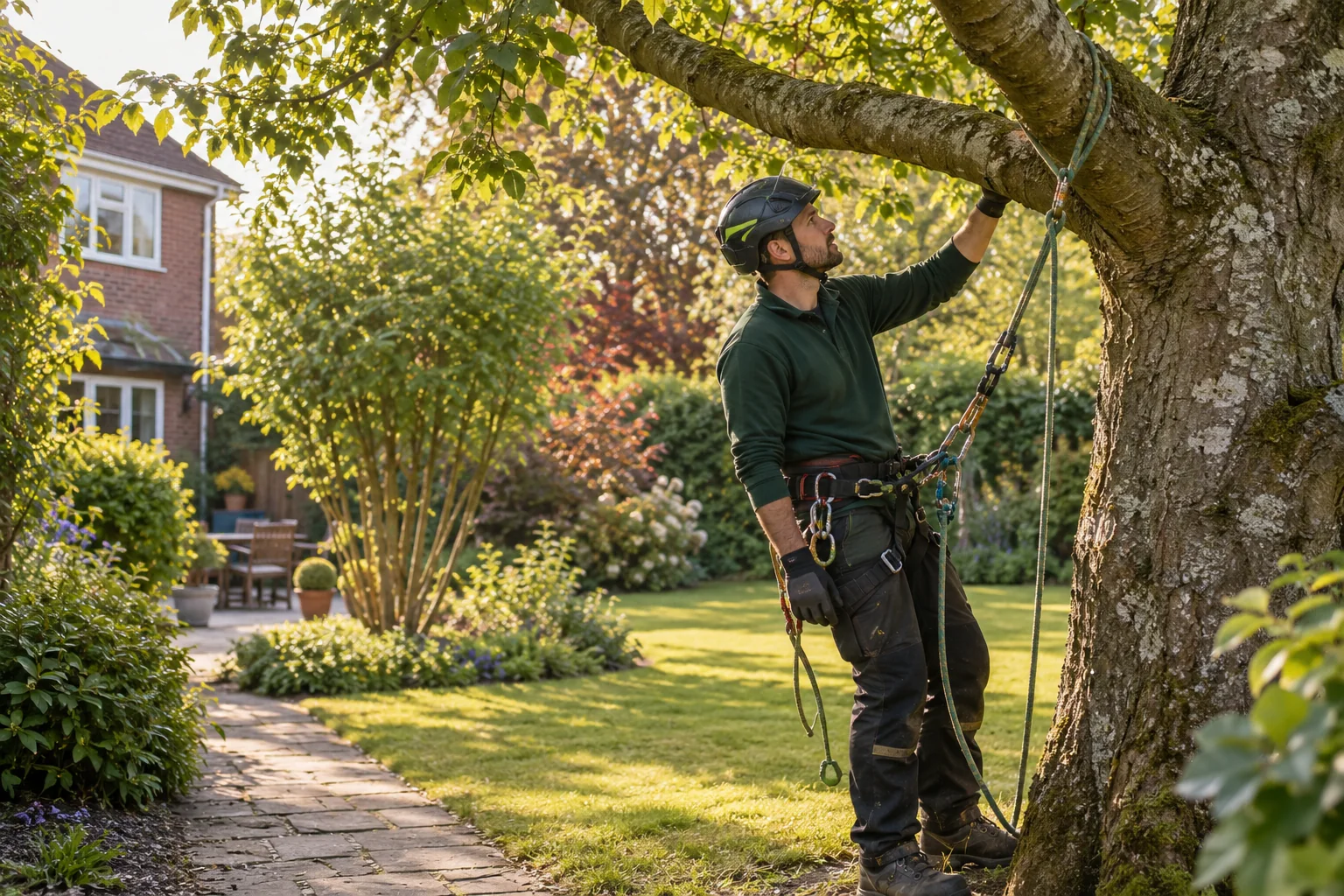 Roped arborist inspecting branching structure