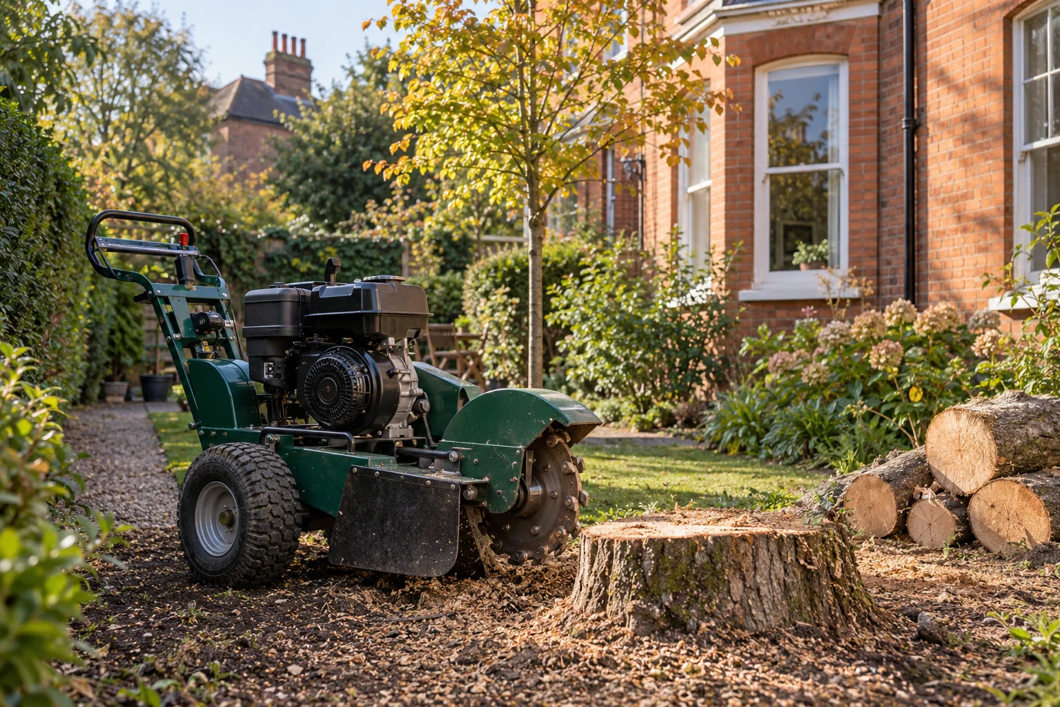 Stationary stump grinder beside a garden stump