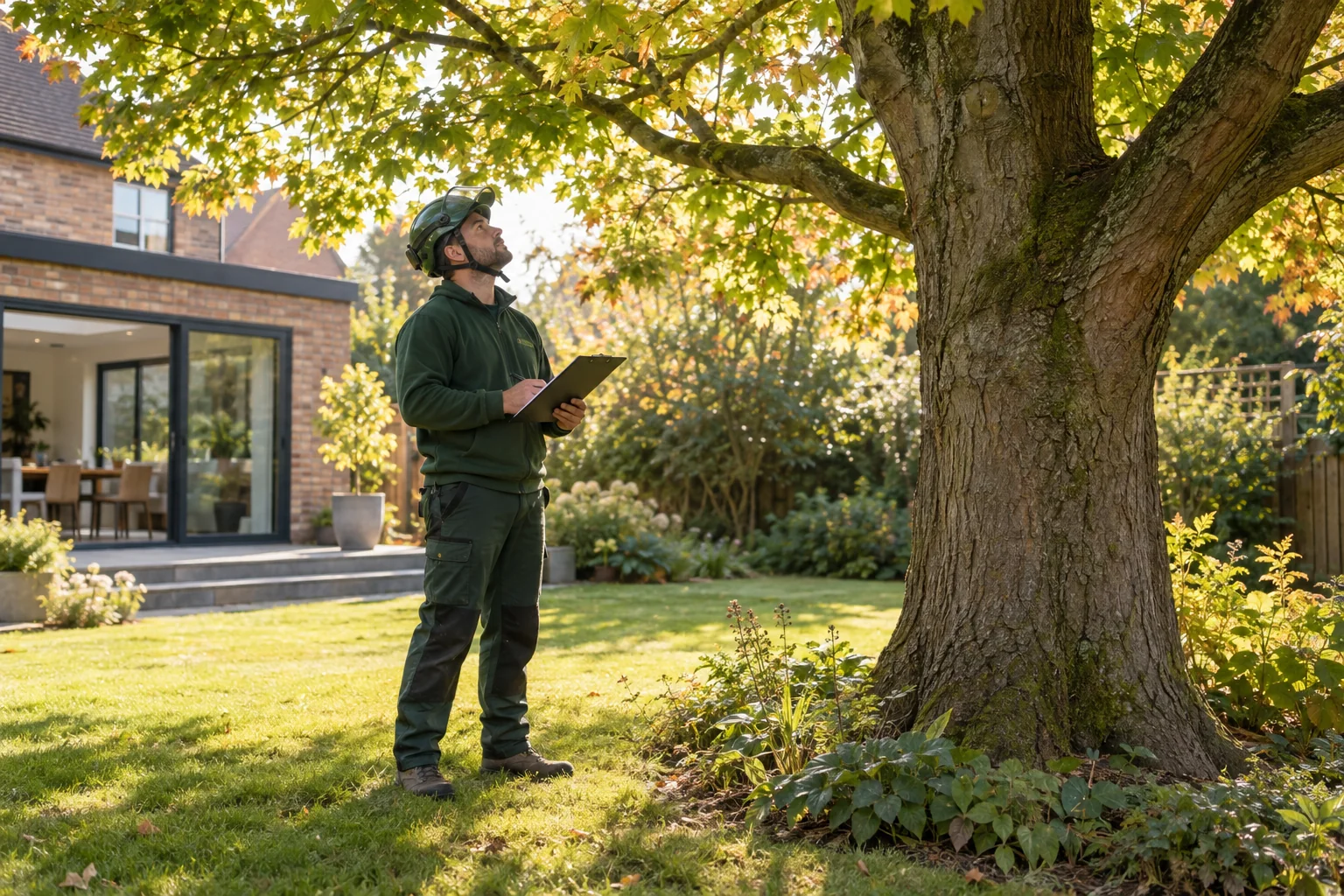 Arborist assessing a mature tree from ground level