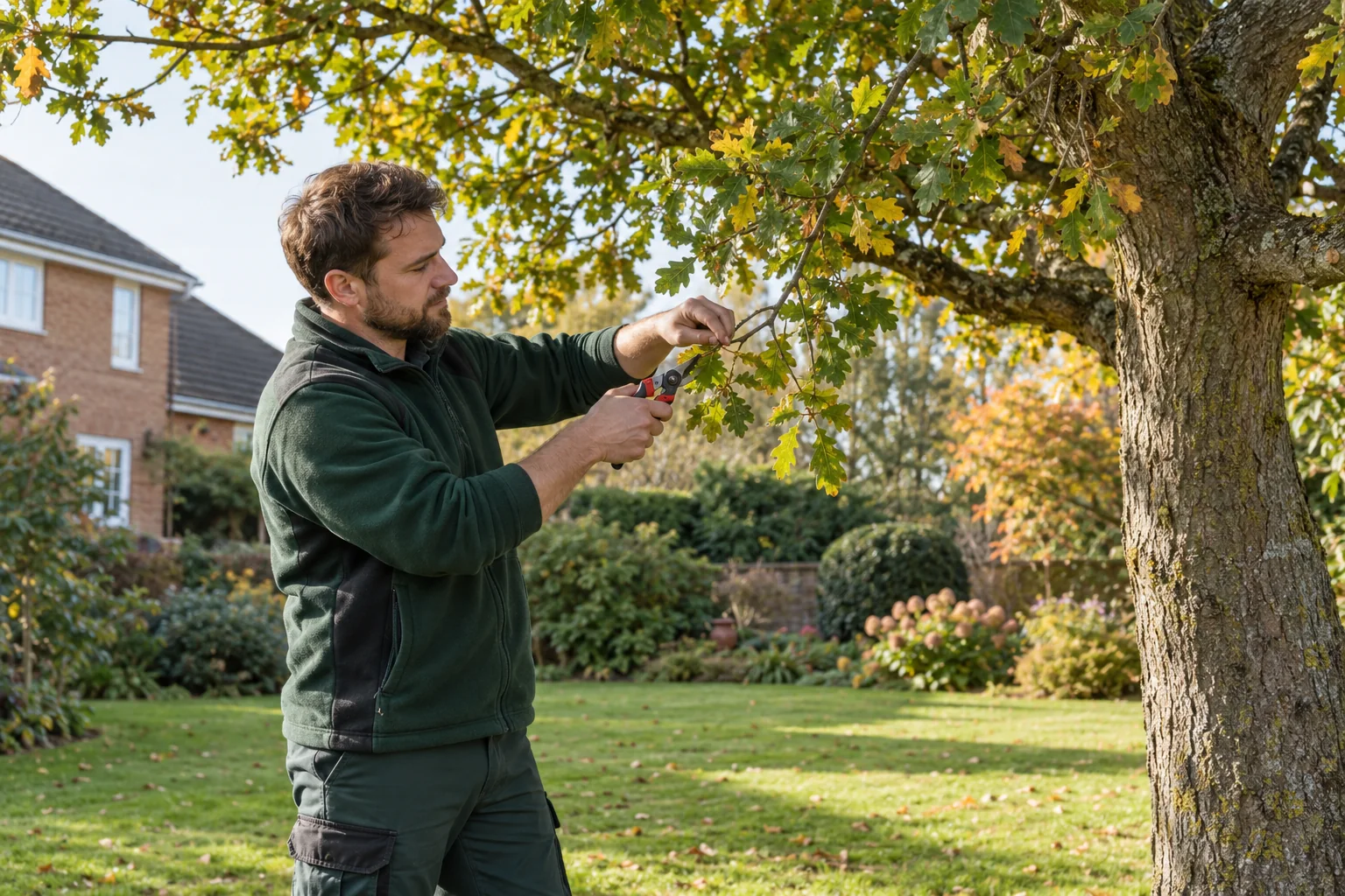 Careful pruning of a garden tree branch