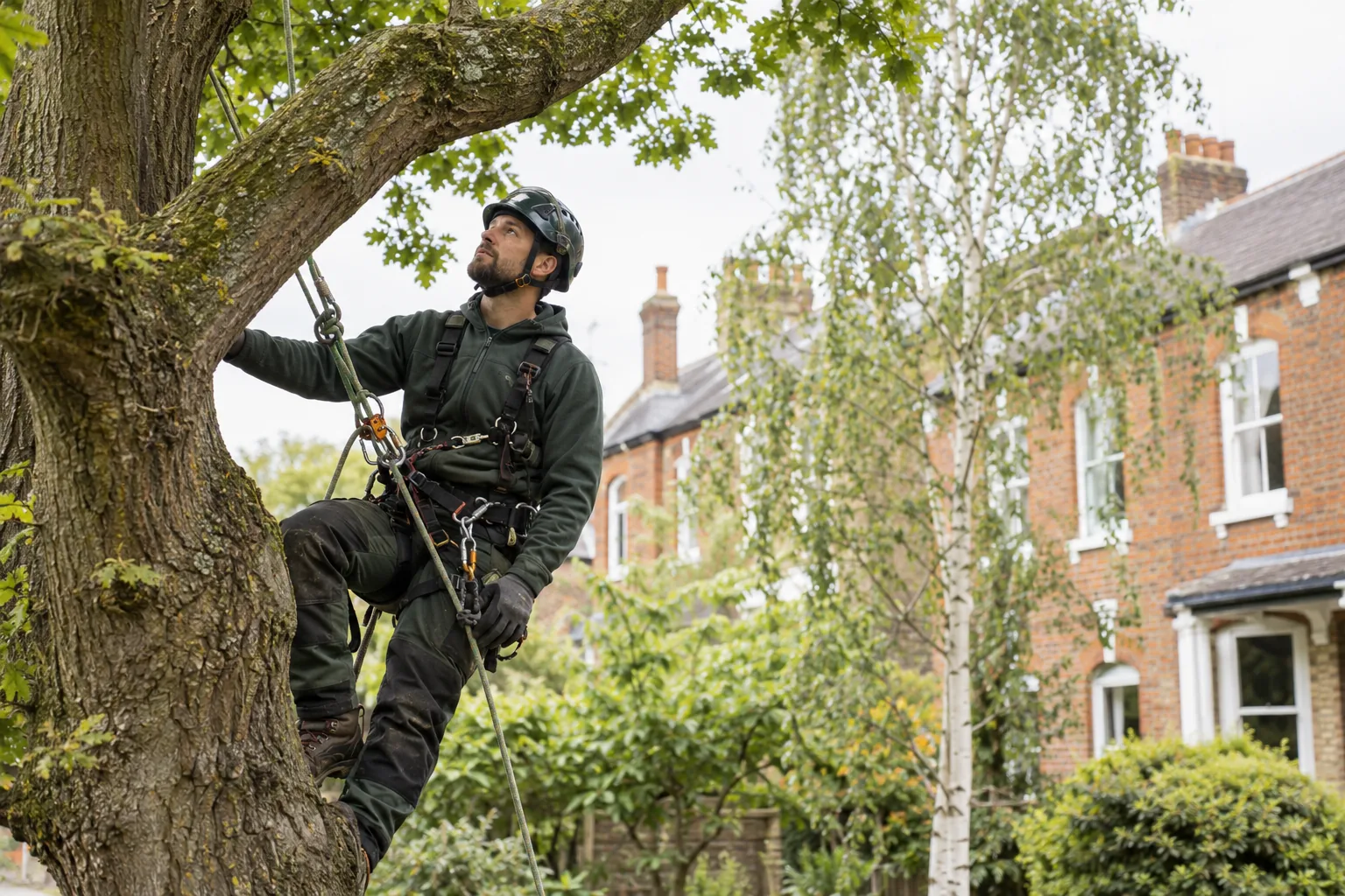 Roped arborist inspecting branching structure